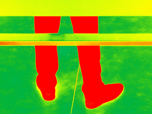 一个人穿着红色鞋子站在绿色背景前的腿的照片