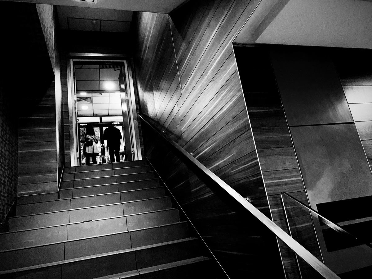 建筑中的 escalator 和楼梯的黑白照片