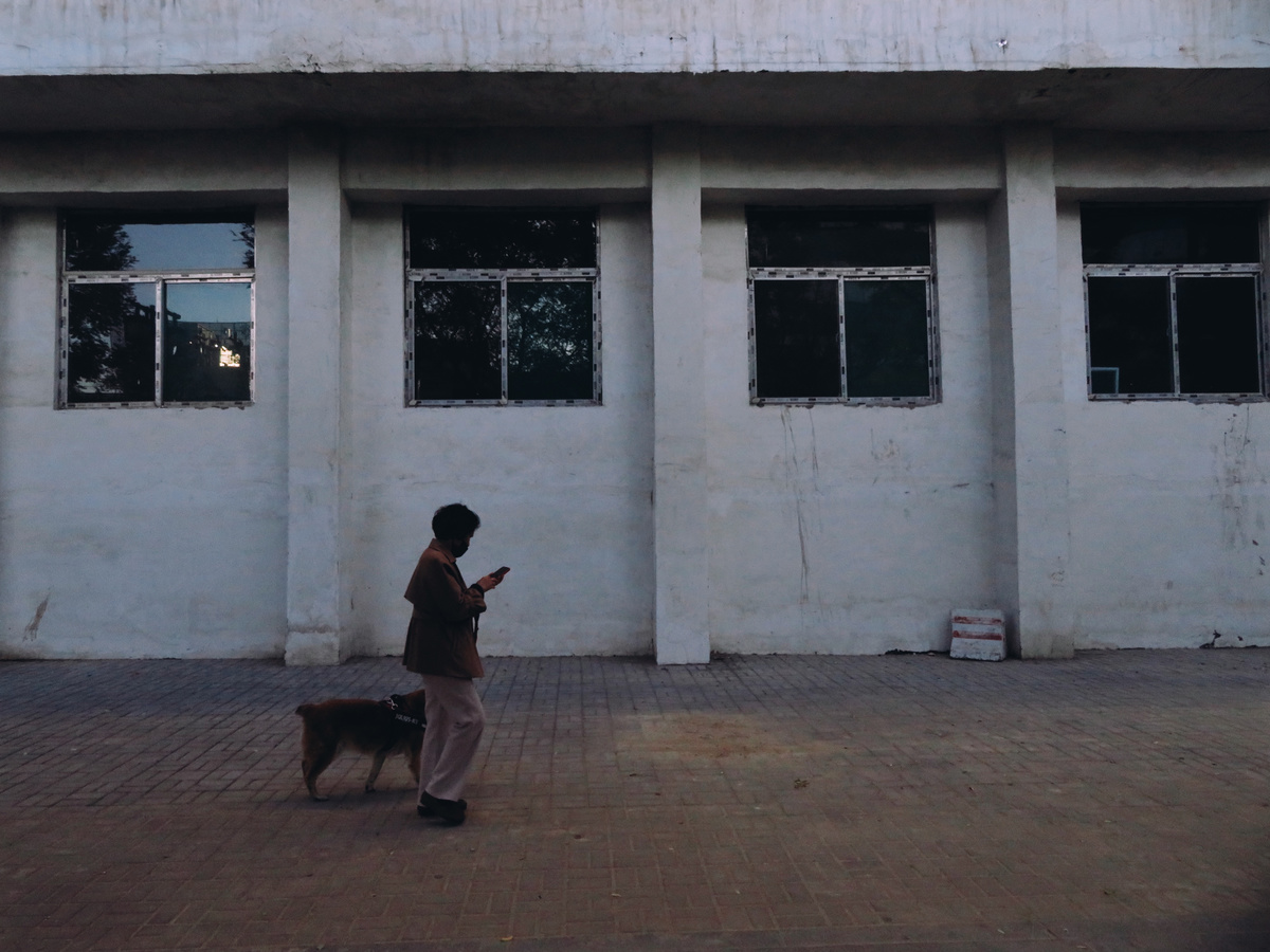 一个人站在一栋白色建筑前 狗在打电话