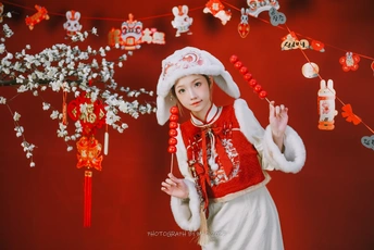 一个女孩穿着中国戏曲演员的服装过圣诞节