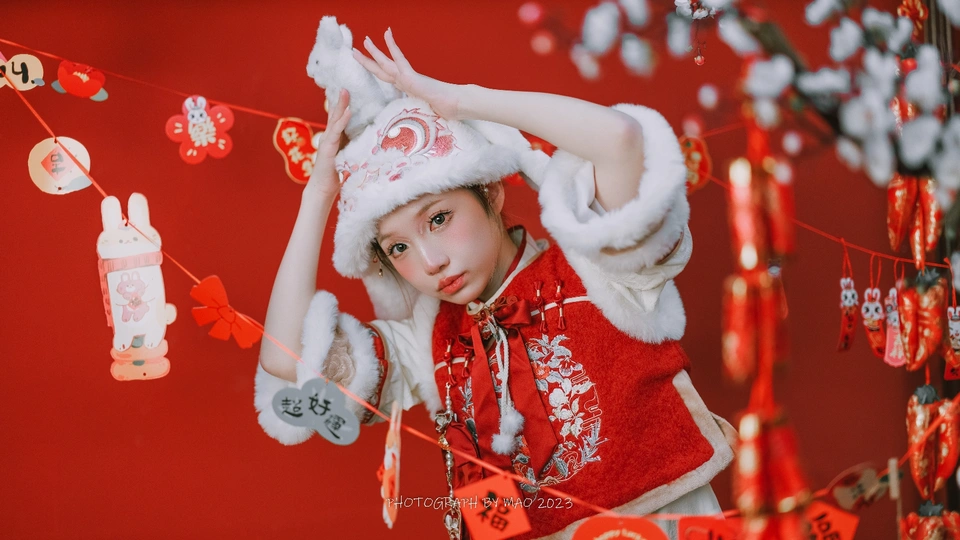 一位穿着中国服装过圣诞节的女性