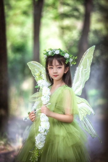 绿色森林中一个打扮成美丽仙女的小女孩
