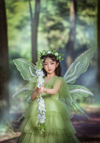 一个小女孩打扮成美丽的仙女 长着绿色的翅膀和花朵