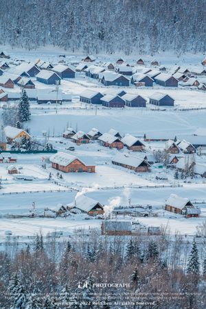 冬天的一个雪景 小城镇和田野