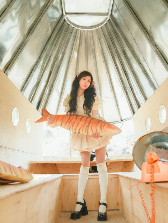 一位年轻女子手持一条大鱼站在室内