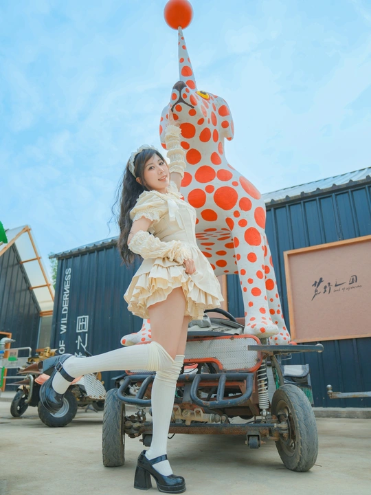 一个穿着小丑服装的年轻女子骑在一辆手推车上