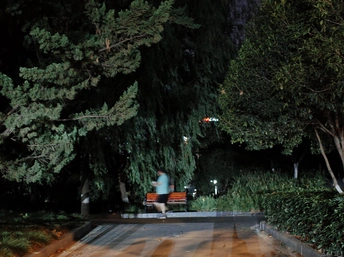 晚上 一名男子骑着滑板坐在公园的长椅上 街道两旁都是树