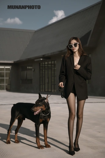 一个戴太阳镜的美女站在一只黑狗旁边