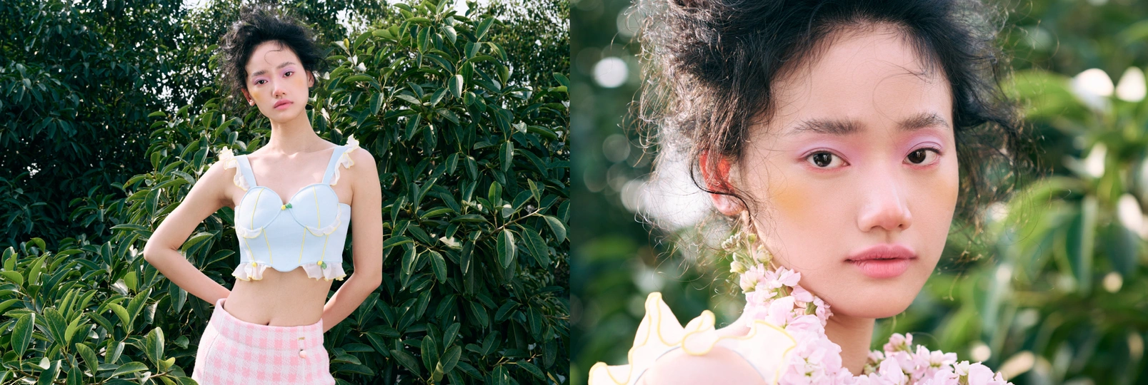 一位穿着粉红色连衣裙的女孩站在模特旁边