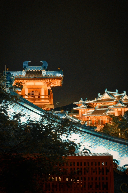 城市里的一座城堡夜间亮了起来