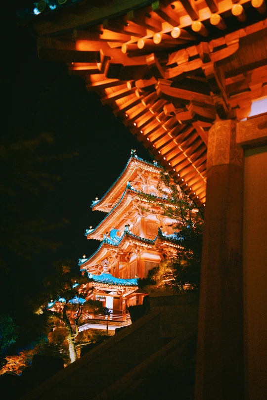 一座木制建筑 在夜晚被塔上的灯光照亮