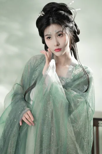 一位亚洲女性穿着一件绿色和白色的连衣裙