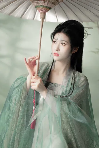 一位穿着绿色连衣裙 拿着雨伞的女人
