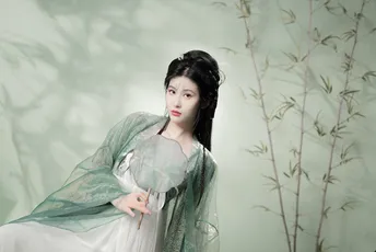 一位穿着白色连衣裙 手持绿色雨伞的美丽年轻女士