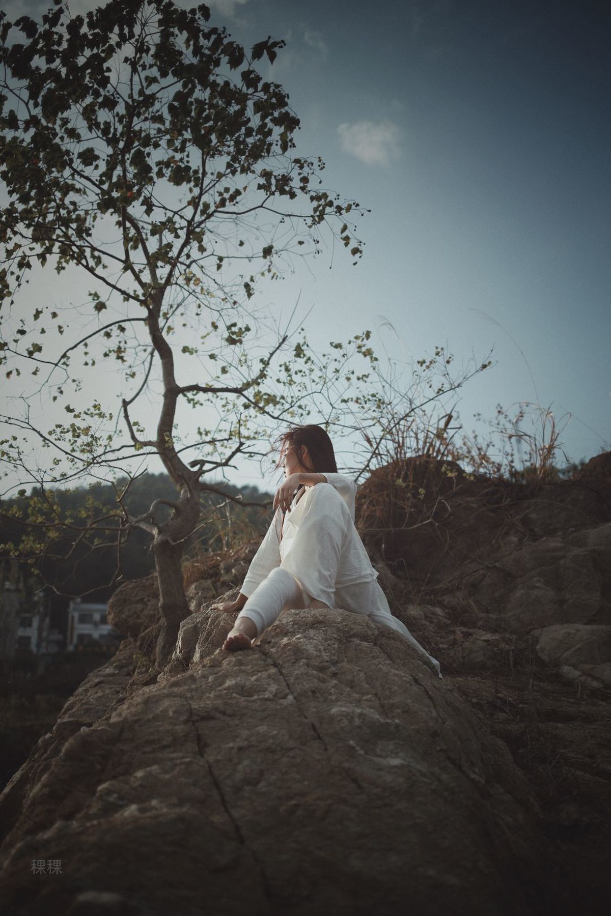 一位穿着白色的年轻女子坐在一个大石头上 背景中有一棵树。