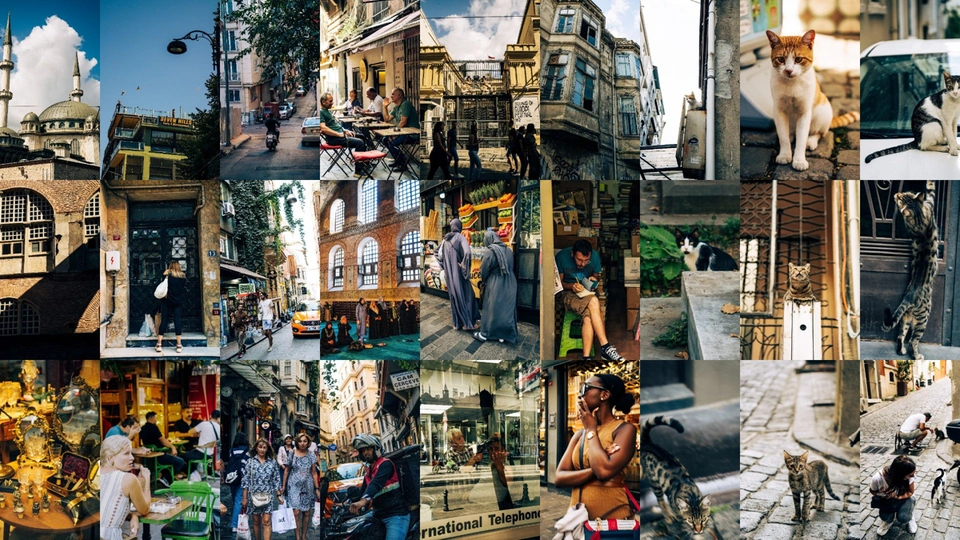 城市中许多建筑和人物的拼贴画