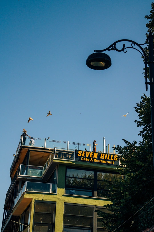 空中飞行的街灯 一栋带阳台的高楼