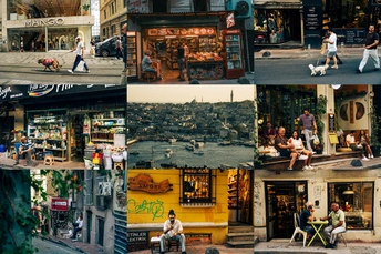 一个城市的多张照片 包括人们在商店前坐着和行走 以及街道上行走的人们。