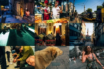 照片拼贴展示人们走在街上和一只狗。