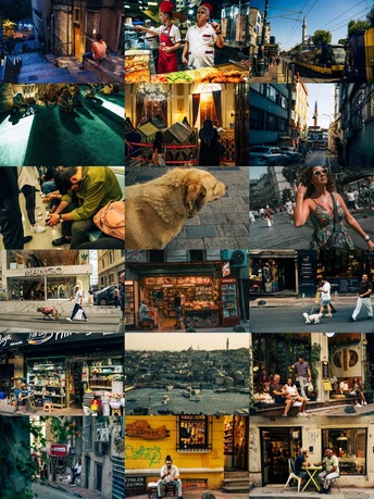 许多人在街上的一幅照片 上面有一只狗。