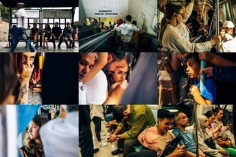 许多人在火车上的照片拼贴