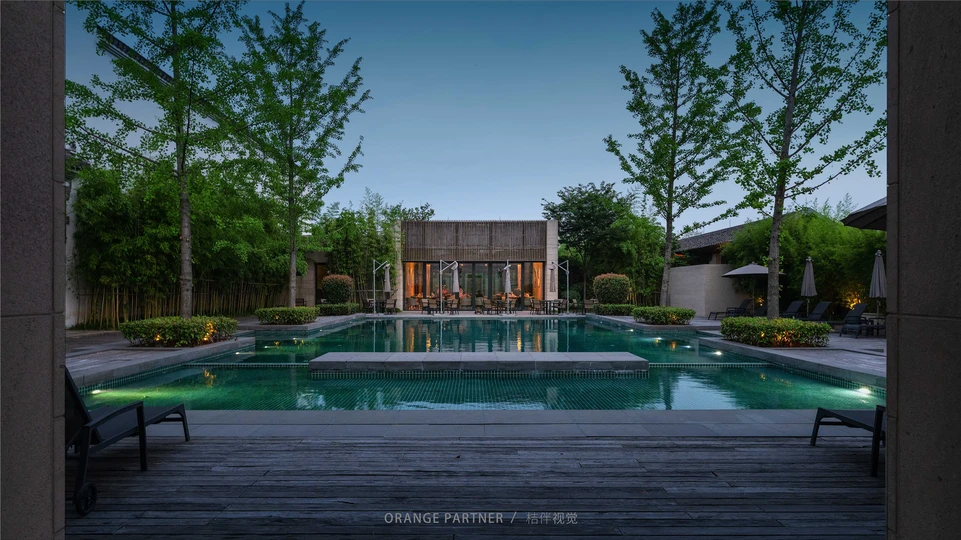 树丛中的游泳池和背景中的房子