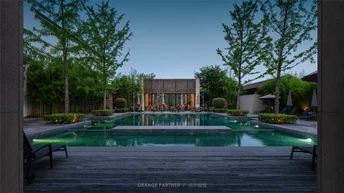 树丛中的游泳池和背景中的房子