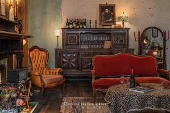 一个带有壁炉、沙发、椅子、桌子和钢琴的客厅。