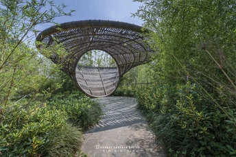 花园中有一条小径 小径中间有一个结构。