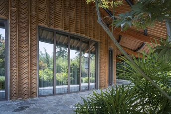 带有大窗户和户外树木的房子