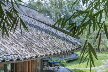 茅草屋顶的房屋旁边有一棵树