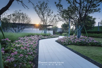 花园里的一个走廊 有树木和花卉