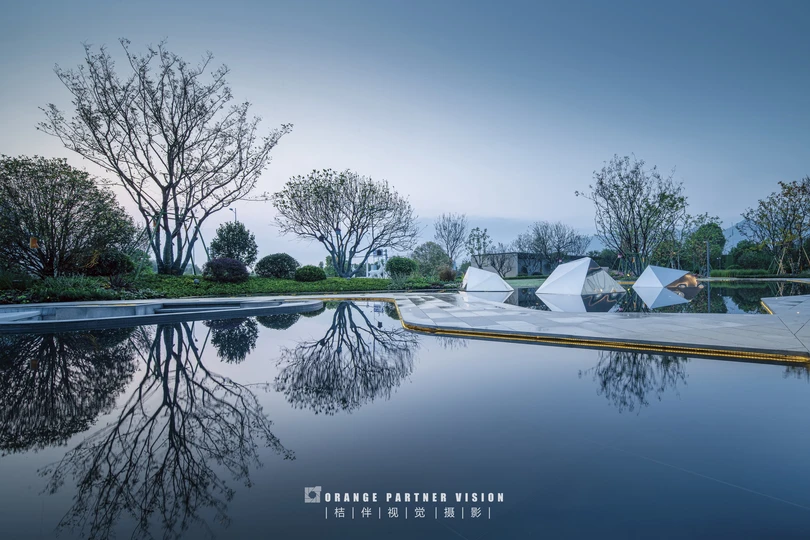 背景中有树木和天空的反射池