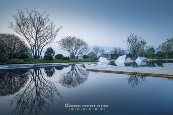 背景中有树木和天空的反射池