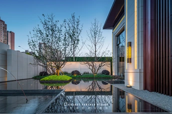 一个有水池和背景建筑的庭院