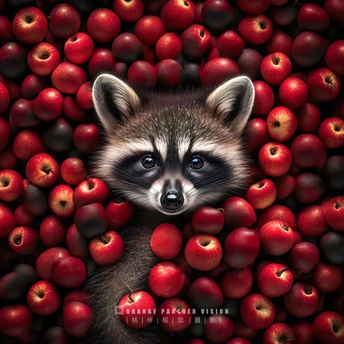 一只浣熊被红苹果包围