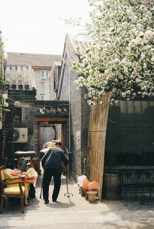一条小巷 一个人站在一根拐杖和一把雨伞下 桌子上有雨伞和一座有树的建筑物。