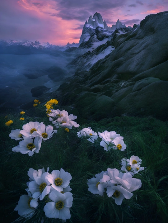 一片白色的花朵 背景是一座山