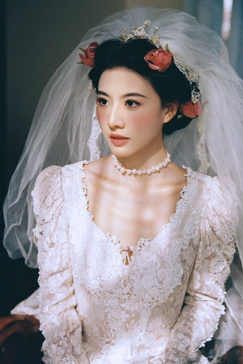 一位穿着白色婚纱 头戴花环和面纱的女士