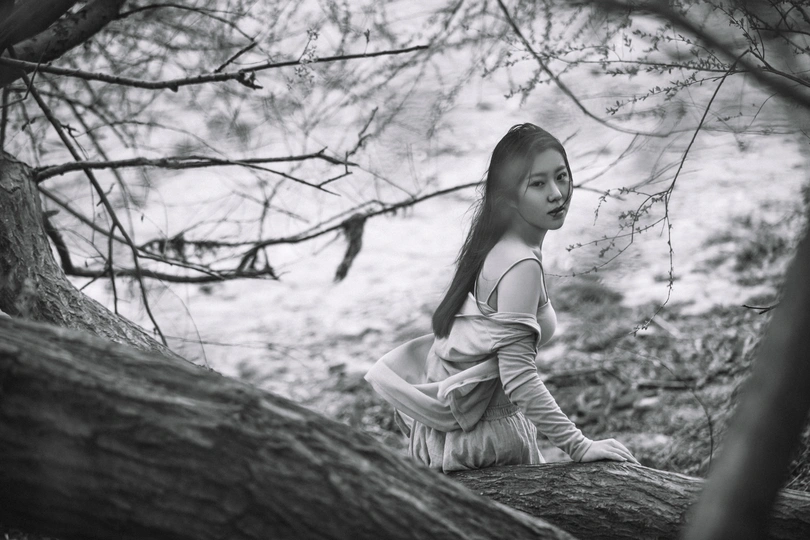 一个穿着黑白裙子的年轻女子坐在树林中的一棵树枝上