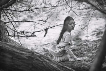 一个穿着黑白裙子的年轻女子坐在树林中的一棵树枝上