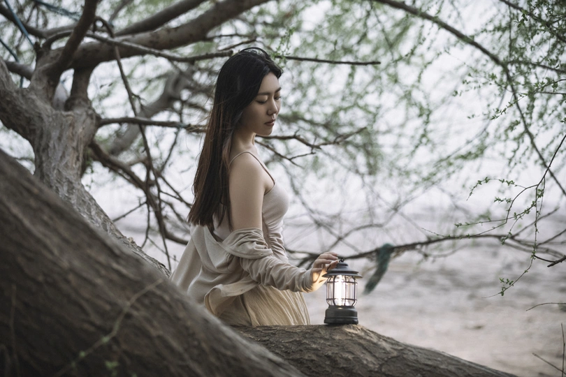 一个穿着连衣裙的年轻女子拿着一个灯笼 灯笼里有一支蜡烛 她坐在倒下的树上。