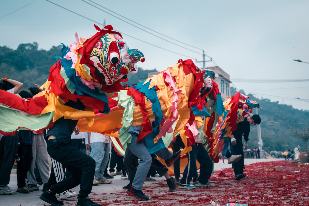 一场丰富多彩的游行 有舞者和一只在街上跳舞的红色狮子。