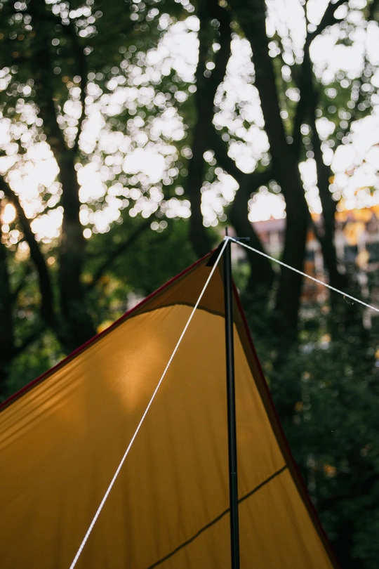 森林中一个带有遮阳伞的黄色帐篷