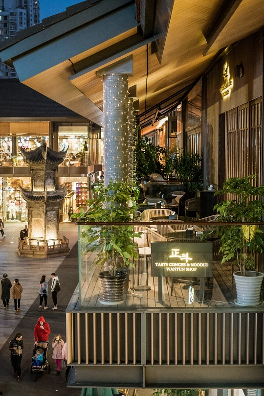 晚上在商场里的人们 周围有行人和一座有大量植物的大楼。