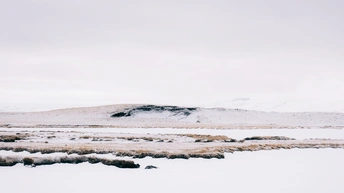 一匹马穿越一个雪景 背景中有水和山丘。