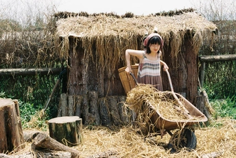 一个年轻女孩推着装满稻草的马车 旁边站着一个洋娃娃