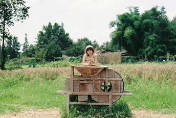 一个女人坐在田野里的木车上