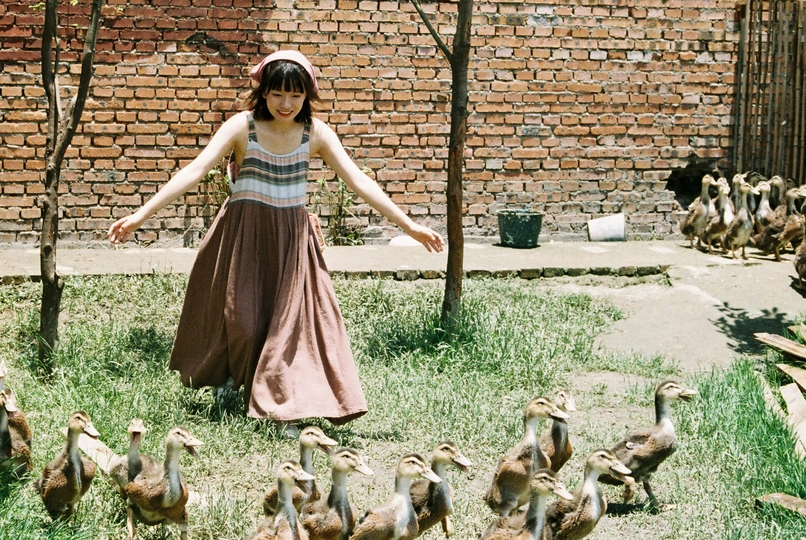 一个穿着连衣裙的年轻女子站在院子里的几只鸭子面前