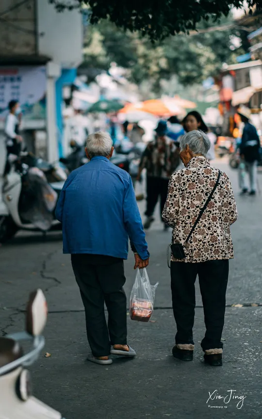 一位老夫妇手提着袋子走下街道